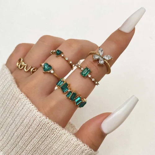 6 Pcs Love Green Rhinestone Decor Ring Set